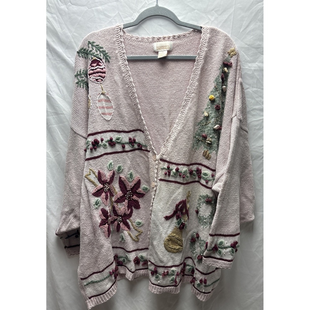 Romans Womens 3X Christmas Cardigan Sweater 3D Embroidered Tree Ornaments Floral